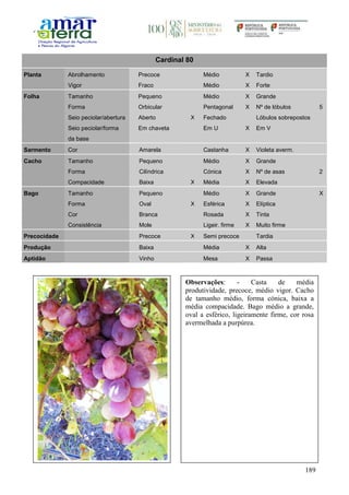 189
Cardinal 80
Planta Abrolhamento Precoce Médio X Tardio
Vigor Fraco Médio X Forte
Folha Tamanho Pequeno Médio X Grande
Forma Orbicular Pentagonal X Nº de lóbulos 5
Seio peciolar/abertura Aberto X Fechado Lóbulos sobrepostos
Seio peciolar/forma
da base
Em chaveta Em U X Em V
Sarmento Cor Amarela Castanha X Violeta averm.
Cacho Tamanho Pequeno Médio X Grande
Forma Cilíndrica Cónica X Nº de asas 2
Compacidade Baixa X Média X Elevada
Bago Tamanho Pequeno Médio X Grande X
Forma Oval X Esférica X Elíptica
Cor Branca Rosada X Tinta
Consistência Mole Ligeir. firme X Muito firme
Precocidade Precoce X Semi precoce Tardia
Produção Baixa Média X Alta
Aptidão Vinho Mesa X Passa
Observações: - Casta de média
produtividade, precoce, médio vigor. Cacho
de tamanho médio, forma cónica, baixa a
média compacidade. Bago médio a grande,
oval a esférico, ligeiramente firme, cor rosa
avermelhada a purpúrea.
 