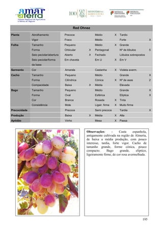 195
Red Ohnez
Planta Abrolhamento Precoce Médio X Tardio
Vigor Fraco Médio Forte X
Folha Tamanho Pequeno Médio X Grande
Forma Orbicular X Pentagonal Nº de lóbulos 5
Seio peciolar/abertura Aberto X Fechado Lóbulos sobrepostos
Seio peciolar/forma
da base
Em chaveta Em U X Em V
Sarmento Cor Amarela Castanha X Violeta averm.
Cacho Tamanho Pequeno Médio Grande X
Forma Cilíndrica Cónica X Nº de asas 2
Compacidade Baixa X Média Elevada
Bago Tamanho Pequeno Médio Grande X
Forma Oval Esférica Elíptica X
Cor Branca Rosada X Tinta
Consistência Mole Ligeir. firme X Muito firme
Precocidade Precoce Semi precoce Tardia X
Produção Baixa X Média X Alta
Aptidão Vinho Mesa X Passa
Observações: - Casta espanhola,
antigamente cultivada na região de Almeria,
de baixa a média produção, com pouco
interesse, tardia, forte vigor. Cacho de
tamanho grande, forme cónica, pouco
compacto. Bago grande, elíptico,
ligeiramente firme, de cor rosa avermelhada.
 