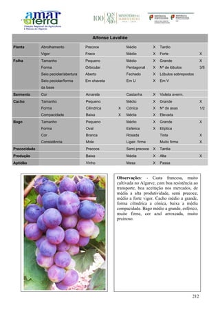 212
Alfonse Lavallée
Planta Abrolhamento Precoce Médio X Tardio
Vigor Fraco Médio X Forte X
Folha Tamanho Pequeno Médio X Grande X
Forma Orbicular Pentagonal X Nº de lóbulos 3/5
Seio peciolar/abertura Aberto Fechado X Lóbulos sobrepostos
Seio peciolar/forma
da base
Em chaveta Em U X Em V
Sarmento Cor Amarela Castanha X Violeta averm.
Cacho Tamanho Pequeno Médio X Grande X
Forma Cilíndrica X Cónica X Nº de asas 1/2
Compacidade Baixa X Média X Elevada
Bago Tamanho Pequeno Médio X Grande X
Forma Oval Esférica X Elíptica
Cor Branca Rosada Tinta X
Consistência Mole Ligeir. firme Muito firme X
Precocidade Precoce Semi precoce X Tardia
Produção Baixa Média X Alta X
Aptidão Vinho Mesa X Passa
Observações: - Casta francesa, muito
cultivada no Algarve, com boa resistência ao
transporte, boa aceitação nos mercados, de
média a alta produtividade, semi precoce,
médio a forte vigor. Cacho médio a grande,
forma cilíndrica a cónica, baixa a média
compacidade. Bago médio a grande, esférico,
muito firme, cor azul arroxeada, muito
pruinoso.
 