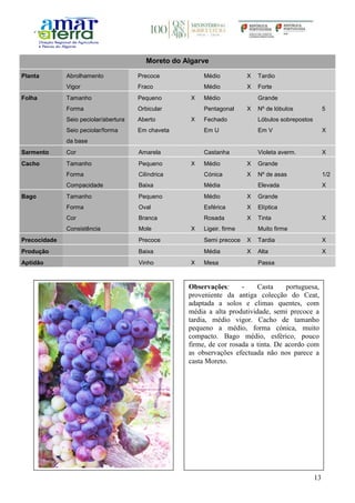 13
Moreto do Algarve
Planta Abrolhamento Precoce Médio X Tardio
Vigor Fraco Médio X Forte
Folha Tamanho Pequeno X Médio Grande
Forma Orbicular Pentagonal X Nº de lóbulos 5
Seio peciolar/abertura Aberto X Fechado Lóbulos sobrepostos
Seio peciolar/forma
da base
Em chaveta Em U Em V X
Sarmento Cor Amarela Castanha Violeta averm. X
Cacho Tamanho Pequeno X Médio X Grande
Forma Cilíndrica Cónica X Nº de asas 1/2
Compacidade Baixa Média Elevada X
Bago Tamanho Pequeno Médio X Grande
Forma Oval Esférica X Elíptica
Cor Branca Rosada X Tinta X
Consistência Mole X Ligeir. firme Muito firme
Precocidade Precoce Semi precoce X Tardia X
Produção Baixa Média X Alta X
Aptidão Vinho X Mesa Passa
Observações: - Casta portuguesa,
proveniente da antiga colecção do Ceat,
adaptada a solos e climas quentes, com
média a alta produtividade, semi precoce a
tardia, médio vigor. Cacho de tamanho
pequeno a médio, forma cónica, muito
compacto. Bago médio, esférico, pouco
firme, de cor rosada a tinta. De acordo com
as observações efectuada não nos parece a
casta Moreto.
 