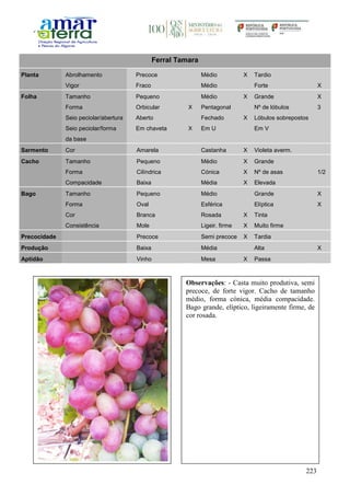 223
Ferral Tamara
Planta Abrolhamento Precoce Médio X Tardio
Vigor Fraco Médio Forte X
Folha Tamanho Pequeno Médio X Grande X
Forma Orbicular X Pentagonal Nº de lóbulos 3
Seio peciolar/abertura Aberto Fechado X Lóbulos sobrepostos
Seio peciolar/forma
da base
Em chaveta X Em U Em V
Sarmento Cor Amarela Castanha X Violeta averm.
Cacho Tamanho Pequeno Médio X Grande
Forma Cilíndrica Cónica X Nº de asas 1/2
Compacidade Baixa Média X Elevada
Bago Tamanho Pequeno Médio Grande X
Forma Oval Esférica Elíptica X
Cor Branca Rosada X Tinta
Consistência Mole Ligeir. firme X Muito firme
Precocidade Precoce Semi precoce X Tardia
Produção Baixa Média Alta X
Aptidão Vinho Mesa X Passa
Observações: - Casta muito produtiva, semi
precoce, de forte vigor. Cacho de tamanho
médio, forma cónica, média compacidade.
Bago grande, elíptico, ligeiramente firme, de
cor rosada.
 