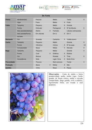 228
De Tunis
Planta Abrolhamento Precoce Médio Tardio X
Vigor Fraco Médio X Forte
Folha Tamanho Pequeno Médio X Grande
Forma Orbicular Pentagonal X Nº de lóbulos 5
Seio peciolar/abertura Aberto X Fechado Lóbulos sobrepostos
Seio peciolar/forma
da base
Em chaveta Em U X Em V
Sarmento Cor Amarela Castanha X Violeta averm.
Cacho Tamanho Pequeno Médio Grande X
Forma Cilíndrica Cónica X Nº de asas 1/2
Compacidade Baixa Média X Elevada X
Bago Tamanho Pequeno Médio Grande X
Forma Oval X Esférica X Elíptica
Cor Branca Rosada X Tinta X
Consistência Mole Ligeir. firme X Muito firme
Precocidade Precoce Semi precoce Tardia X
Produção Baixa X Média X Alta
Aptidão Vinho Mesa X Passa
Observações: - Casta de média a baixa
produtividade, tardia, médio vigor. Cacho
grande, de forma cónica, média a elevada
compacidade. Bago grande, oval a esférico,
ligeiramente firme, cor rosada a azul
purpúrea.
 