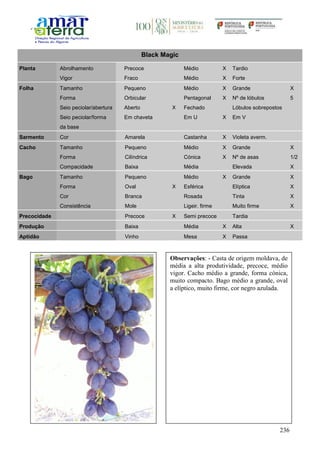 236
Black Magic
Planta Abrolhamento Precoce Médio X Tardio
Vigor Fraco Médio X Forte
Folha Tamanho Pequeno Médio X Grande X
Forma Orbicular Pentagonal X Nº de lóbulos 5
Seio peciolar/abertura Aberto X Fechado Lóbulos sobrepostos
Seio peciolar/forma
da base
Em chaveta Em U X Em V
Sarmento Cor Amarela Castanha X Violeta averm.
Cacho Tamanho Pequeno Médio X Grande X
Forma Cilíndrica Cónica X Nº de asas 1/2
Compacidade Baixa Média Elevada X
Bago Tamanho Pequeno Médio X Grande X
Forma Oval X Esférica Elíptica X
Cor Branca Rosada Tinta X
Consistência Mole Ligeir. firme Muito firme X
Precocidade Precoce X Semi precoce Tardia
Produção Baixa Média X Alta X
Aptidão Vinho Mesa X Passa
Observações: - Casta de origem moldava, de
média a alta produtividade, precoce, médio
vigor. Cacho médio a grande, forma cónica,
muito compacto. Bago médio a grande, oval
a elíptico, muito firme, cor negro azulada.
 