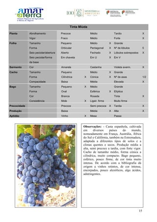 15
Tinta Miúda
Planta Abrolhamento Precoce Médio Tardio X
Vigor Fraco Médio Forte X
Folha Tamanho Pequeno Médio X Grande
Forma Orbicular Pentagonal X Nº de lóbulos 5
Seio peciolar/abertura Aberto Fechado X Lóbulos sobrepostos X
Seio peciolar/forma
da base
Em chaveta Em U X Em V
Sarmento Cor Amarela Castanha Violeta averm. X
Cacho Tamanho Pequeno Médio X Grande
Forma Cilíndrica X Cónica X Nº de asas 1/2
Compacidade Baixa Média Elevada X
Bago Tamanho Pequeno X Médio Grande
Forma Oval Esférica X Elíptica
Cor Branca Rosada Tinta X
Consistência Mole X Ligeir. firme Muito firme
Precocidade Precoce Semi precoce X Tardia X
Produção Baixa Média X Alta X
Aptidão Vinho X Mesa Passa
Observações: - Casta espanhola, cultivada
em diversos países do mundo,
nomeadamente em França, Austrália, África
do Sul e Califórnia, também na Estremadura,
adaptada a diferentes tipos de solos e a
climas quentes e secos. Produção média a
alta, semi precoce a tardia, com forte vigor.
Cacho de tamanho médio, forma cónica a
cilíndrica, muito compacto. Bago pequeno,
esférico, pouco firme, de cor tinta muito
intensa. De acordo com a bibliografia dá
origem a vinhos retintos, de cor intensa,
encorpados, pouco alcoólicos, algo ácidos,
adstringentes.
 