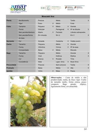 263
Moscatel Ana
Planta Abrolhamento Precoce Médio Tardio X
Vigor Fraco X Médio Forte
Folha Tamanho Pequeno X Médio X Grande
Forma Orbicular Pentagonal X Nº de lóbulos 3
Seio peciolar/abertura Aberto X Fechado Lóbulos sobrepostos
Seio peciolar/forma
da base
Em chaveta Em U Em V X
Sarmento Cor Amarela Castanha X Violeta averm.
Cacho Tamanho Pequeno Médio X Grande
Forma Cilíndrica Cónica X Nº de asas
Compacidade Baixa X Média Elevada
Bago Tamanho Pequeno Médio Grande X
Forma Oval Esférica Elíptica X
Cor Branca X Rosada Tinta
Consistência Mole Ligeir. firme X Muito firme
Precocidade Precoce Semi precoce Tardia X
Produção Baixa Média X Alta X
Aptidão Vinho X Mesa X Passa
Observações: - Casta de média a alta
produtividade, tardia, de fraco vigor. Cacho
de tamanho médio, forma cónica, pouco
compacto. Bago grande, elíptico,
ligeiramente firme, cor amarelada.
 