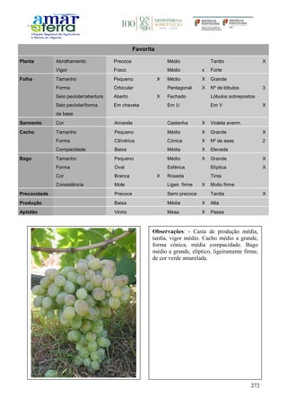 272
Favorita
Planta Abrolhamento Precoce Médio Tardio X
Vigor Fraco Médio x Forte
Folha Tamanho Pequeno X Médio X Grande
Forma Orbicular Pentagonal X Nº de lóbulos 3
Seio peciolar/abertura Aberto X Fechado Lóbulos sobrepostos
Seio peciolar/forma
da base
Em chaveta Em U Em V X
Sarmento Cor Amarela Castanha X Violeta averm.
Cacho Tamanho Pequeno Médio X Grande X
Forma Cilíndrica Cónica X Nº de asas 2
Compacidade Baixa Média X Elevada
Bago Tamanho Pequeno Médio X Grande X
Forma Oval Esférica Elíptica X
Cor Branca X Rosada Tinta
Consistência Mole Ligeir. firme X Muito firme
Precocidade Precoce Semi precoce Tardia X
Produção Baixa Média X Alta
Aptidão Vinho Mesa X Passa
Observações: - Casta de produção média,
tardia, vigor médio. Cacho médio a grande,
forma cónica, média compacidade. Bago
médio a grande, elíptico, ligeiramente firme,
de cor verde amarelada.
 