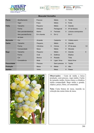280
Moscatel Vermelho
Planta Abrolhamento Precoce Médio X Tardio
Vigor Fraco Médio X Forte
Folha Tamanho Pequeno Médio X Grande
Forma Orbicular Pentagonal X Nº de lóbulos 3
Seio peciolar/abertura Aberto X Fechado X Lóbulos sobrepostos
Seio peciolar/forma
da base
Em chaveta X Em U Em V
Sarmento Cor Amarela Castanha X Violeta averm.
Cacho Tamanho Pequeno Médio X Grande
Forma Cilíndrica X Cónica X Nº de asas 1/2
Compacidade Baixa Média X Elevada
Bago Tamanho Pequeno Médio X Grande X
Forma Oval X Esférica Elíptica
Cor Branca X Rosada Tinta
Consistência Mole X Ligeir. firme Muito firme
Precocidade Precoce Semi precoce X Tardia
Produção Baixa X Média X Alta
Aptidão Vinho Mesa X Passa
Observações: - Casta de média a baixa
produção, semi precoce, vigor médio. Cacho
de tamanho médio, forma cónica a cilíndrica
média compacidade. Bago médio a grande,
elíptico, pouco, firme, cor amarelada.
Nota: Casta branca de mesa, inserida na
colecção das castas tintas de mesa.
 