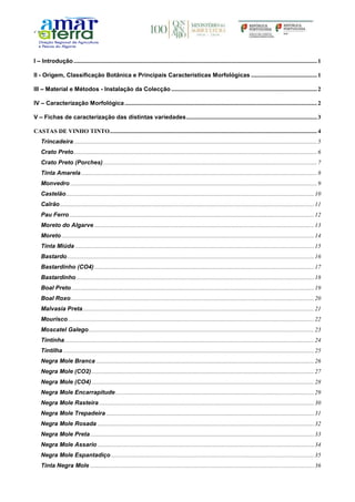 I – Introdução..................................................................................................................................................................1
II - Origem, Classificação Botânica e Principais Características Morfológicas ............................................1
III – Material e Métodos - Instalação da Colecção .................................................................................................2
IV – Caracterização Morfológica................................................................................................................................2
V – Fichas de caracterização das distintas variedades.......................................................................................3
CASTAS DE VINHO TINTO..........................................................................................................................................4
Trincadeira..................................................................................................................................................................5
Crato Preto..................................................................................................................................................................6
Crato Preto (Porches) ..............................................................................................................................................7
Tinta Amarela.............................................................................................................................................................8
Monvedro ....................................................................................................................................................................9
Castelão.....................................................................................................................................................................10
Calrão.........................................................................................................................................................................11
Pau Ferro...................................................................................................................................................................12
Moreto do Algarve ..................................................................................................................................................13
Moreto........................................................................................................................................................................14
Tinta Miúda ...............................................................................................................................................................15
Bastardo ....................................................................................................................................................................16
Bastardinho (CO4) ..................................................................................................................................................17
Bastardinho ..............................................................................................................................................................18
Boal Preto .................................................................................................................................................................19
Boal Roxo..................................................................................................................................................................20
Malvasia Preta..........................................................................................................................................................21
Mourisco....................................................................................................................................................................22
Moscatel Galego......................................................................................................................................................23
Tintinha......................................................................................................................................................................24
Tintilha .......................................................................................................................................................................25
Negra Mole Branca .................................................................................................................................................26
Negra Mole (CO2)....................................................................................................................................................27
Negra Mole (CO4)....................................................................................................................................................28
Negra Mole Encarrapitude ....................................................................................................................................29
Negra Mole Rasteira ...............................................................................................................................................30
Negra Mole Trepadeira ..........................................................................................................................................31
Negra Mole Rosada ................................................................................................................................................32
Negra Mole Preta.....................................................................................................................................................33
Negra Mole Assario ................................................................................................................................................34
Negra Mole Espantadiço .......................................................................................................................................35
Tinta Negra Mole .....................................................................................................................................................36
 