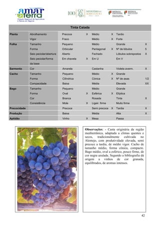 42
Tinta Caiada
Planta Abrolhamento Precoce X Médio X Tardio
Vigor Fraco Médio X Forte
Folha Tamanho Pequeno Médio Grande X
Forma Orbicular Pentagonal X Nº de lóbulos 5
Seio peciolar/abertura Aberto Fechado Lóbulos sobrepostos X
Seio peciolar/forma
da base
Em chaveta X Em U Em V
Sarmento Cor Amarela Castanha Violeta averm. X
Cacho Tamanho Pequeno Médio X Grande
Forma Cilíndrica Cónica X Nº de asas 1/2
Compacidade Baixa Média Elevada XX
Bago Tamanho Pequeno Médio Grande
Forma Oval X Esférica X Elíptica
Cor Branca Rosada Tinta X
Consistência Mole X Ligeir. firme Muito firme
Precocidade Precoce Semi precoce X Tardia X
Produção Baixa Média Alta X
Aptidão Vinho X Mesa Passa
Observações: - Casta originária da região
mediterrânica, adaptada a climas quentes e
secos, tradicionalmente cultivada no
Alentejo, com produtividade elevada, semi
precoce a tardia, de médio vigor. Cacho de
tamanho médio, forma cónica, compacto.
Bago médio, oval a esférico, pouco firme, de
cor negra azulada. Segundo a bibliografia dá
origem a vinhos de cor granada,
equilibrados, de aromas intensos.
 