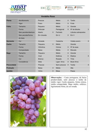62
Verdelho Roxo
Planta Abrolhamento Precoce Médio X Tardio
Vigor Fraco Médio X Forte
Folha Tamanho Pequeno Médio X Grande
Forma Orbicular Pentagonal X Nº de lóbulos 3
Seio peciolar/abertura Aberto X Fechado Lóbulos sobrepostos
Seio peciolar/forma
da base
Em chaveta Em U X Em V
Sarmento Cor Amarela Castanha Violeta averm. X
Cacho Tamanho Pequeno X Médio Grande
Forma Cilíndrica Cónica X Nº de asas
Compacidade Baixa Média X Elevada
Bago Tamanho Pequeno Médio X Grande
Forma Oval Esférica X Elíptica X
Cor Branca Rosada X Tinta
Consistência Mole Ligeir. firme X Muito firme
Precocidade Precoce Semi precoce X Tardia X
Produção Baixa X Média Alta
Aptidão Vinho X Mesa Passa
Observações: - Casta portuguesa, de baixa
produtividade, semi precoce a tardia de
médio vigor. Cacho pequeno, forma cónica,
média compacidade. Bago médio, esférico,
ligeiramente firme, de cor rosada.
 