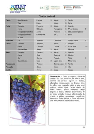 66
Touriga Nacional
Planta Abrolhamento Precoce X Médio X Tardio
Vigor Fraco Médio X Forte
Folha Tamanho Pequeno X Médio X Grande
Forma Orbicular Pentagonal X Nº de lóbulos 5
Seio peciolar/abertura Aberto Fechado X Lóbulos sobrepostos
Seio peciolar/forma
da base
Em chaveta Em U X Em V
Sarmento Cor Amarela Castanha Violeta averm. X
Cacho Tamanho Pequeno Médio X Grande
Forma Cilíndrica Cónica X Nº de asas 1/2
Compacidade Baixa X Média Elevada
Bago Tamanho Pequeno X Médio X Grande
Forma Oval Esférica X Elíptica
Cor Branca Rosada Tinta X
Consistência Mole X Ligeir. firme Muito firme
Precocidade Precoce Semi precoce X Tardia
Produção Baixa Média X Alta X
Aptidão Vinho X Mesa Passa
Observações: - Casta portuguesa, típica do
Douro e do Dão, cultivada em todo o país,
também em diversas regiões do mundo,
adaptada a climas quentes e a diversos tipos
de solos, com produção média a alta, semi
precoce, médio vigor. Cacho médio, de
forma cónica, pouco compacto. Bago
pequeno a médio, esférico, pouco firme, de
cor negro azulada. Segundo a bibliografia dá
origem a vinhos aromáticos, complexos,
lembrando frutos pretos e flores silvestres,
com bom potencial de envelhecimento.
 