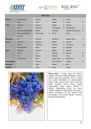 68
Tinto Cão
Planta Abrolhamento Precoce Médio X Tardio
Vigor Fraco Médio X Forte X
Folha Tamanho Pequeno Médio X Grande
Forma Orbicular Pentagonal X Nº de lóbulos 5
Seio peciolar/abertura Aberto Fechado Lóbulos sobrepostos X
Seio peciolar/forma
da base
Em chaveta X Em U Em V
Sarmento Cor Amarela Castanha Violeta averm. X
Cacho Tamanho Pequeno Médio X Grande
Forma Cilíndrica Cónica X Nº de asas 1/2
Compacidade Baixa Média X Elevada
Bago Tamanho Pequeno Médio X Grande
Forma Oval Esférica X Elíptica X
Cor Branca Rosada Tinta X
Consistência Mole Ligeir. firme X Muito firme
Precocidade Precoce Semi precoce Tardia X
Produção Baixa Média X Alta
Aptidão Vinho X Mesa Passa
Observações: - Casta típica do Douro,
também cultivada no Dão, adaptada a climas
quentes com boa exposição solar e a solos
com média fertilidade, de produtividade
média, tardia, médio a forte vigor. Cacho de
médio tamanho, forma cónica, média
compacidade. Bago médio, esférico a
elíptico, ligeiramente firme, cor negro
azulada. Segundo a bibliografia dá origem a
vinhos encorpados, de cor intensa, bem
estruturados, com aromas frutados e florais,
de grande longevidade.
 