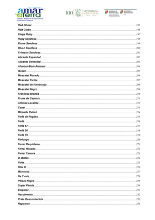 Red Ohnez...............................................................................................................................................................195
Red Globe ...............................................................................................................................................................196
Kings Ruby .............................................................................................................................................................197
Ruby Seedless.......................................................................................................................................................198
Flame Seedless......................................................................................................................................................199
Blush Seedless......................................................................................................................................................200
Crimson Seedless.................................................................................................................................................201
Alicante Espanhol.................................................................................................................................................202
Alicante Vermelho.................................................................................................................................................203
Ahmour-Bom-Ahmour .........................................................................................................................................204
Queen.......................................................................................................................................................................205
Moscatel Rosado...................................................................................................................................................206
Moscatel Tarike......................................................................................................................................................207
Moscatel de Hamburgo........................................................................................................................................208
Moscatel Negro......................................................................................................................................................209
Francesa Branca ...................................................................................................................................................210
Prune de Cazouls..................................................................................................................................................211
Alfonse Lavallée....................................................................................................................................................212
Canal ........................................................................................................................................................................213
Michelle Palieri.......................................................................................................................................................214
Ferlé de Pegões.....................................................................................................................................................215
Ferlé..........................................................................................................................................................................216
Ferlé 67 ....................................................................................................................................................................217
Ferlé 50 ....................................................................................................................................................................218
Ferlé 76 ....................................................................................................................................................................219
Ferlongo ..................................................................................................................................................................220
Ferral Carpinteiro..................................................................................................................................................221
Ferral Rosado.........................................................................................................................................................222
Ferral Tamara.........................................................................................................................................................223
D. Brites...................................................................................................................................................................224
Volta..........................................................................................................................................................................225
Dika II........................................................................................................................................................................226
Monnuka..................................................................................................................................................................227
De Tunis...................................................................................................................................................................228
Pérola Negra...........................................................................................................................................................229
Super Pérola...........................................................................................................................................................230
Emperor...................................................................................................................................................................231
Nascimento.............................................................................................................................................................232
Preta Desconhecida .............................................................................................................................................233
Napoleon .................................................................................................................................................................234
 