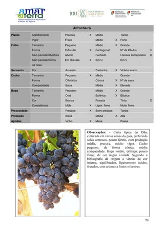 70
Alfrocheiro
Planta Abrolhamento Precoce X Médio Tardio
Vigor Fraco Médio X Forte
Folha Tamanho Pequeno Médio X Grande
Forma Orbicular X Pentagonal Nº de lóbulos 3
Seio peciolar/abertura Aberto Fechado Lóbulos sobrepostos X
Seio peciolar/forma
da base
Em chaveta X Em U Em V
Sarmento Cor Amarela Castanha X Violeta averm.
Cacho Tamanho Pequeno X Médio Grande
Forma Cilíndrica Cónica X Nº de asas
Compacidade Baixa Média X Elevada
Bago Tamanho Pequeno Médio X Grande
Forma Oval Esférica X Elíptica
Cor Branca Rosada Tinta X
Consistência Mole X Ligeir. firme Muito firme
Precocidade Precoce X Semi precoce Tardia
Produção Baixa Média X Alta
Aptidão Vinho X Mesa Passa
Observações: - Casta típica do Dão,
cultivada em várias zonas do país, preferindo
solos arenosos, pouco férteis, com produção
média, precoce, médio vigor. Cacho
pequeno, de forma cónica, média
compacidade. Bago médio, esférico, pouco
firme, de cor negro azulada. Segundo a
bibliografia dá origem a vinhos de cor
intensa, equilibrados, ligeiramente ácidos,
frutados, com aromas a frutos silvestres.
 