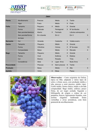 71
Jaen
Planta Abrolhamento Precoce Médio X Tardio
Vigor Fraco Médio X Forte
Folha Tamanho Pequeno X Médio X Grande
Forma Orbicular Pentagonal X Nº de lóbulos 5
Seio peciolar/abertura Aberto X Fechado Lóbulos sobrepostos
Seio peciolar/forma
da base
Em chaveta Em U Em V X
Sarmento Cor Amarela Castanha X Violeta averm.
Cacho Tamanho Pequeno Médio X Grande
Forma Cilíndrica Cónica X Nº de asas 1/2
Compacidade Baixa Média X Elevada X
Bago Tamanho Pequeno Médio X Grande
Forma Oval Esférica X Elíptica
Cor Branca Rosada Tinta X
Consistência Mole X Ligeir. firme Muito firme
Precocidade Precoce X Semi precoce X Tardia
Produção Baixa Média X Alta X
Aptidão Vinho X Mesa Passa
Observações: - Casta originária da Galiza,
típica no Dão, adaptada a vários tipos de
solos e climas secos, com produção média a
alta, precoce a semi precoce, médio vigor.
Cacho médio, forma cónica, média a elevada
compacidade. Bago médio, esférico, pouco
firme, de cor negro azulada. Segundo a
bibliografia dá origem a vinhos de cor
purpúrea, frescos, ligeiramente frutados, com
aromas elegantes lembrando frutas
vermelhas e ervas aromáticas, com bom
potencial de envelhecimento.
 