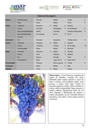 74
Cabernet Souvignon
Planta Abrolhamento Precoce Médio Tardio X
Vigor Fraco Médio Forte X
Folha Tamanho Pequeno X Médio X Grande
Forma Orbicular Pentagonal X Nº de lóbulos 5
Seio peciolar/abertura Aberto Fechado Lóbulos sobrepostos X
Seio peciolar/forma
da base
Em chaveta Em U X Em V
Sarmento Cor Amarela Castanha Violeta averm. X
Cacho Tamanho Pequeno X Médio X Grande
Forma Cilíndrica Cónica X Nº de asas 1/2
Compacidade Baixa Média X Elevada
Bago Tamanho Pequeno X Médio X Grande
Forma Oval Esférica X Elíptica
Cor Branca Rosada Tinta X
Consistência Mole Ligeir. firme X Muito firme
Precocidade Precoce Semi precoce X Tardia X
Produção Baixa Média X Alta
Aptidão Vinho X Mesa Passa
Observações: - Casta francesa, originária da
região de Bordéus, exigente em calor,
difundida pelas regiões quentes e secas de
todo o mundo, com produção média, semi
precoce a tardia, forte vigor. Cacho de
tamanho pequeno a médio, forma cilíndrica a
cónica, média compacidade. Bago pequeno a
médio, esférico, ligeiramente firme, de cor
tinta. Segundo a bibliografia dá origem a
vinhos encorpados, de cor vermelho intensa,
alcoólicos, com sabor a frutos pretos (amora
e ameixa).
 