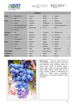 78
Carignan
Planta Abrolhamento Precoce Médio X Tardio
Vigor Fraco Médio X Forte
Folha Tamanho Pequeno Médio Grande X
Forma Orbicular Pentagonal X Nº de lóbulos 5
Seio peciolar/abertura Aberto Fechado Lóbulos sobrepostos X
Seio peciolar/forma
da base
Em chaveta X Em U Em V
Sarmento Cor Amarela Castanha X Violeta averm.
Cacho Tamanho Pequeno Médio X Grande
Forma Cilíndrica Cónica X Nº de asas 1/2
Compacidade Baixa Média X Elevada X
Bago Tamanho Pequeno Médio X Grande
Forma Oval Esférica X Elíptica
Cor Branca Rosada Tinta X
Consistência Mole Ligeir. firme Muito firme X
Precocidade Precoce Semi precoce Tardia X
Produção Baixa Média Alta X
Aptidão Vinho X Mesa Passa
Observações: - Casta de origem francesa,
bem adaptada a locais quentes e secos com
boa exposição, muito, produtiva, tardia, de
médio vigor. Cacho de tamanho médio,
forma cónica, média a elevada compacidade.
Bago médio, esférico, muito firme, de cor
negro azulada. Segundo a bibliografia dá
origem a vinhos pouco encorpados,
adstringentes, com aromas herbáceos, algo
alcoólicos.
 