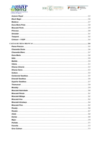 Autumn Royal ........................................................................................................................................................235
Black Magic ............................................................................................................................................................236
Moldova ...................................................................................................................................................................237
Dona Maria Preta...................................................................................................................................................238
Moscatel Porto.......................................................................................................................................................239
Princesa...................................................................................................................................................................240
Shneider ..................................................................................................................................................................241
Temporã...................................................................................................................................................................242
Crimson – 1103P ...................................................................................................................................................243
CASTAS DE MESA BRANCAS .................................................................................................................................244
Panse Precoce.......................................................................................................................................................245
Chasselás Dorée ...................................................................................................................................................246
Chasselás Blanc....................................................................................................................................................247
Dona Maria..............................................................................................................................................................248
Itália ..........................................................................................................................................................................249
Matilde......................................................................................................................................................................250
Vitória.......................................................................................................................................................................251
Ohanez Almeria .....................................................................................................................................................252
Ohanez Serra..........................................................................................................................................................253
Sultana.....................................................................................................................................................................254
Centennial Seedless.............................................................................................................................................255
Emerald Seedless .................................................................................................................................................256
Superior Seedless.................................................................................................................................................257
Thomuscat ..............................................................................................................................................................258
Mostaky ...................................................................................................................................................................259
Moscatel Natividade .............................................................................................................................................260
Moscatel Pérola.....................................................................................................................................................261
Moscatel Málaga....................................................................................................................................................262
Moscatel Ana..........................................................................................................................................................263
Moscatel Alcobaça................................................................................................................................................264
Moscatel Fino.........................................................................................................................................................265
Rosaky .....................................................................................................................................................................266
Rosaka .....................................................................................................................................................................267
Aledo ........................................................................................................................................................................268
Danlas ......................................................................................................................................................................269
Major.........................................................................................................................................................................270
Perlette.....................................................................................................................................................................271
Favorita....................................................................................................................................................................272
Gros Colman ..........................................................................................................................................................273
 