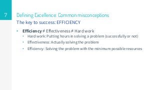 Defining Excellence: Common misconceptions
• Efficiency ≠ Effectiveness ≠ Hard work
• Hard work: Putting hours in solving ...
