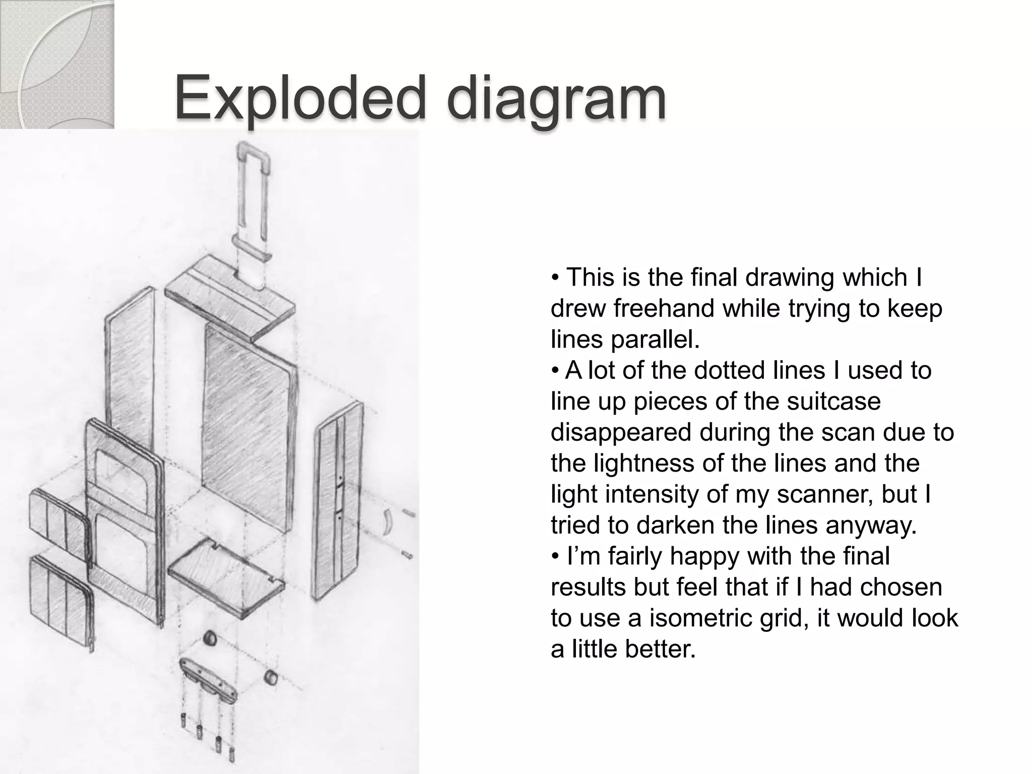 Exploded diagram
• This is the final drawing which I
drew freehand while trying to keep
lines parallel.
• A lot of the dotted lines I used to
line up pieces of the suitcase
disappeared during the scan due to
the lightness of the lines and the
light intensity of my scanner, but I
tried to darken the lines anyway.
• I’m fairly happy with the final
results but feel that if I had chosen
to use a isometric grid, it would look
a little better.

 