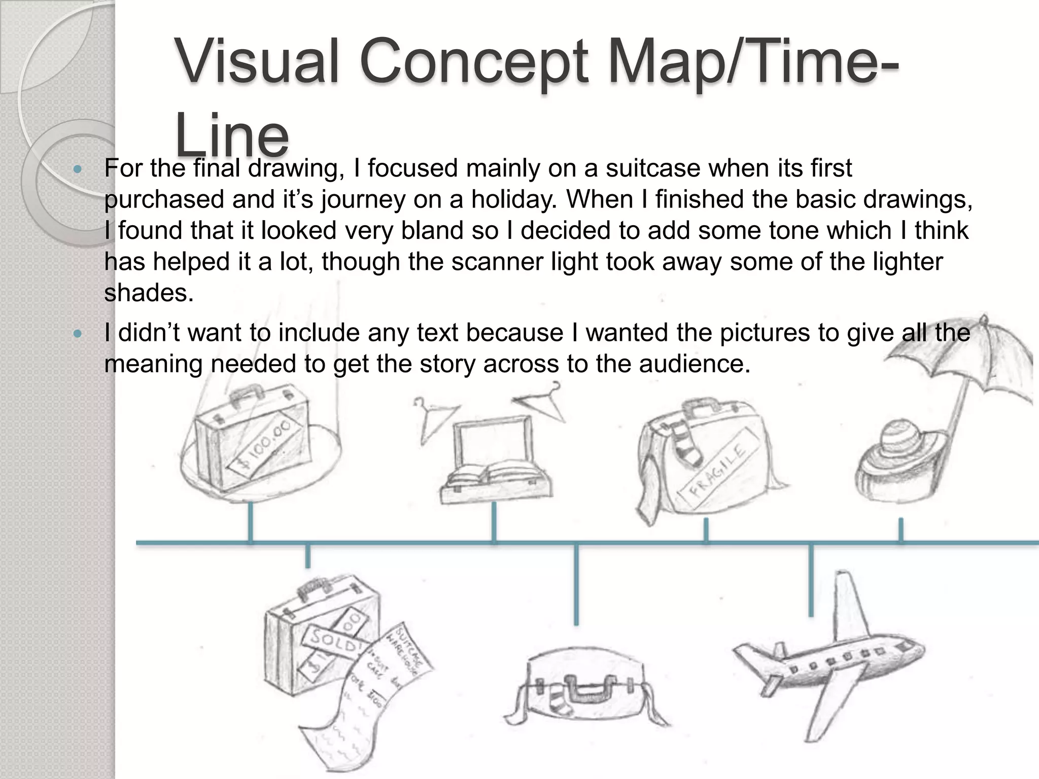 

Visual Concept Map/TimeLine
For the final drawing, I focused mainly on a suitcase when its first
purchased and it’s journey on a holiday. When I finished the basic drawings,
I found that it looked very bland so I decided to add some tone which I think
has helped it a lot, though the scanner light took away some of the lighter
shades.



I didn’t want to include any text because I wanted the pictures to give all the
meaning needed to get the story across to the audience.

 