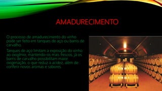 AMADURECIMENTO
O processo de amadurecimento do vinho
pode ser feito em tanques de aço ou barris de
carvalho.
Tanques de aço limitam a exposição do vinho
ao oxigênio, mantendo-os mais frescos, já os
barris de carvalho possibilitam maior
oxigenação, o que reduz a acidez, além de
conferir novos aromas e sabores.
 
