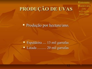 Ristorante
                                         Mantovani
PRODUÇÃO DE UVAS                            (18)
                                         8123-8226
                                         3909-1986



    Produção por hectare/ano.


    Espaldeira .... 13 mil garrafas
    Latada .......... 20 mil garrafas



                                    12
 