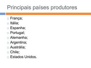 Principais países produtoresFrança;Itália;Espanha;Portugal;Alemanha;Argentina;Austrália;Chile;Estados Unidos.
