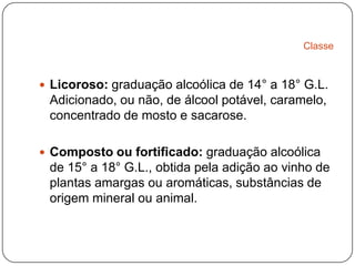 ClasseLicoroso: graduação alcoólica de 14° a 18° G.L. Adicionado, ou não, de álcool potável, caramelo, concentrado de mosto e sacarose. Composto ou fortificado: graduação alcoólica de 15° a 18° G.L., obtida pela adição ao vinho de plantas amargas ou aromáticas, substâncias de origem mineral ou animal. 