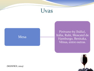 Uvas


                            Piróvano 65 (Itália),
                         Itália, Rubi, Moscatel de
          Mesa             Hamburgo, Benitaka,
                           Vênus, entre outras.




(MANFROI, 2004)
 
