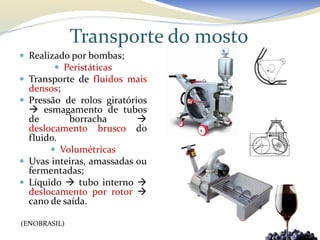 Transporte do mosto
 Realizado por bombas;
         Peristáticas
 Transporte de fluidos mais
  densos;
 Pressão de rolos giratórios
   esmagamento de tubos
  de        borracha       
  deslocamento brusco do
  fluido.
        Volumétricas
 Uvas inteiras, amassadas ou
  fermentadas;
 Líquido  tubo interno 
  deslocamento por rotor 
  cano de saída.

(ENOBRASIL)
 