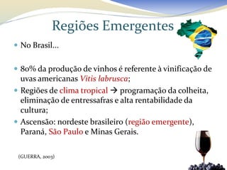 Regiões Emergentes
 No Brasil...


 80% da produção de vinhos é referente à vinificação de
  uvas americanas Vitis labrusca;
 Regiões de clima tropical  programação da colheita,
  eliminação de entressafras e alta rentabilidade da
  cultura;
 Ascensão: nordeste brasileiro (região emergente),
  Paraná, São Paulo e Minas Gerais.

 (GUERRA, 2003)
 