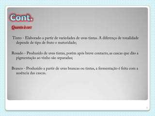 VinhosOs vinhos podem ser classificados de diversas formas:Quanto à classe;Quanto à cor;Quanto ao teor de açucar;5