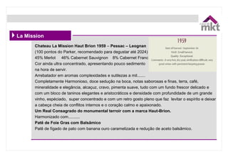 Chateau La Mission Haut Brion 1959 – Pessac – Leognan 
(100 pontos do Parker, recomendado para degustar até 2024) 
45% Merlot     46% Cabernet Sauvignon    8% Cabernet Franc 
Cor ainda ultra concentrado, apresentando pouco sedimento 
na hora de servir. 
Arrebatador em aromas complexidades e sutilezas a mil.......
Completamente Harmonioso, doce sedução na boca, notas saborosas e finas, terra, café, 
mineralidade e elegância, alcaçuz, cravo, pimenta suave, tudo com um fundo frescor delicado e 
com um bloco de taninos elegantes e aristocráticos e densidade com profundidade de um grande 
vinho, espéciado,  super concentrado e com um retro gosto pleno que faz  levitar o espírito e deixar 
a cabeça cheia de conflitos internos e o coração calmo e apaixonado.
Um Real Consagrado do monumental terroir com a marca Haut-Brion.
Harmonizado com..........
Patê de Foie Gras com Balsâmico
Patê de fígado de pato com banana ouro caramelizada e redução de aceto balsâmico.
La Mission
 
