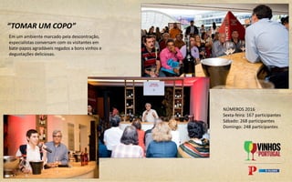 “TOMAR UM COPO”
Em um ambiente marcado pela descontração,
especialistas conversam com os visitantes em
bate-papos agradáveis regados a bons vinhos e
degustações deliciosas.
NÚMEROS 2016
Sexta-feira: 167 participantes
Sábado: 268 participantes
Domingo: 248 participantes
 