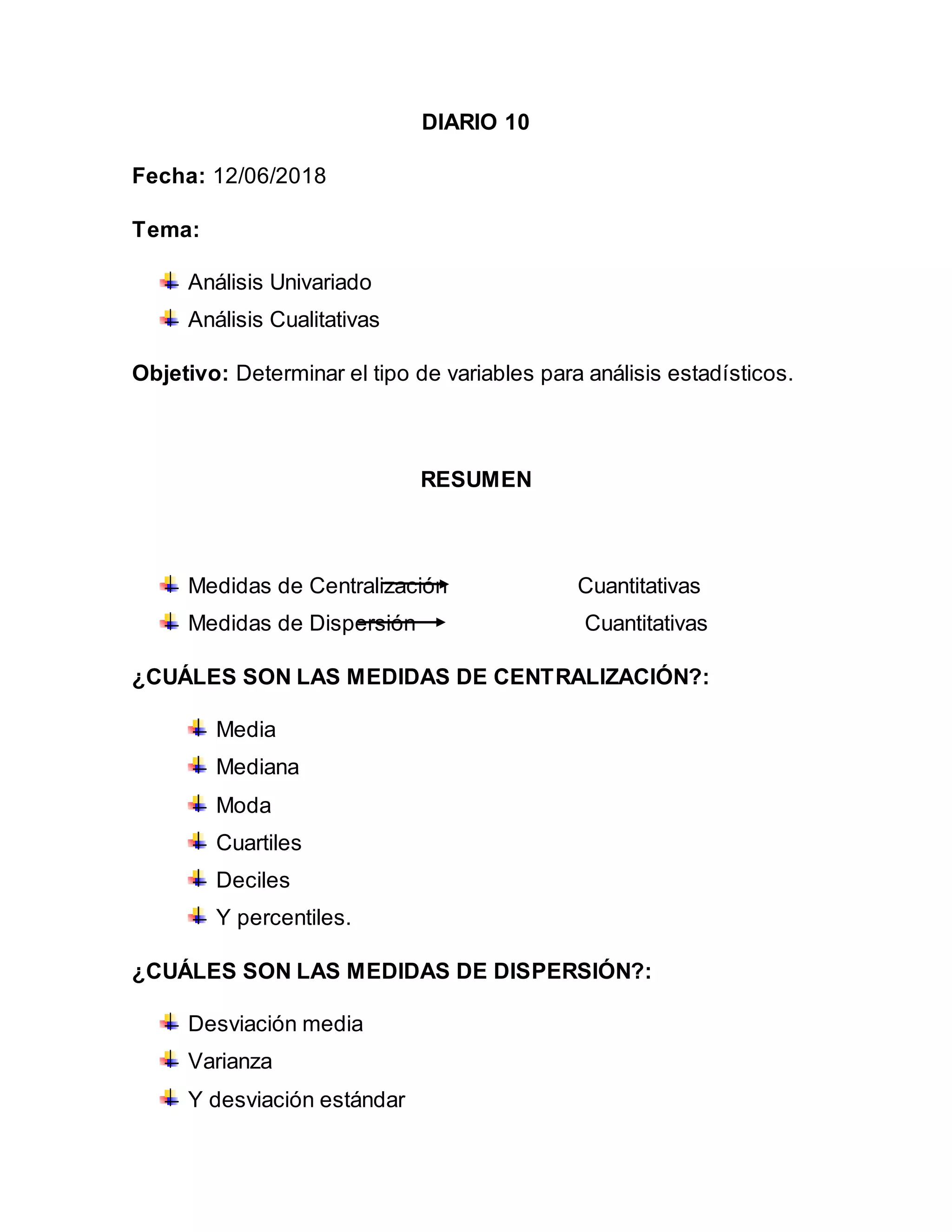 DIARIO 10
Fecha: 12/06/2018
Tema:
Análisis Univariado
Análisis Cualitativas
Objetivo: Determinar el tipo de variables para análisis estadísticos.
RESUMEN
Medidas de Centralización Cuantitativas
Medidas de Dispersión Cuantitativas
¿CUÁLES SON LAS MEDIDAS DE CENTRALIZACIÓN?:
Media
Mediana
Moda
Cuartiles
Deciles
Y percentiles.
¿CUÁLES SON LAS MEDIDAS DE DISPERSIÓN?:
Desviación media
Varianza
Y desviación estándar
 