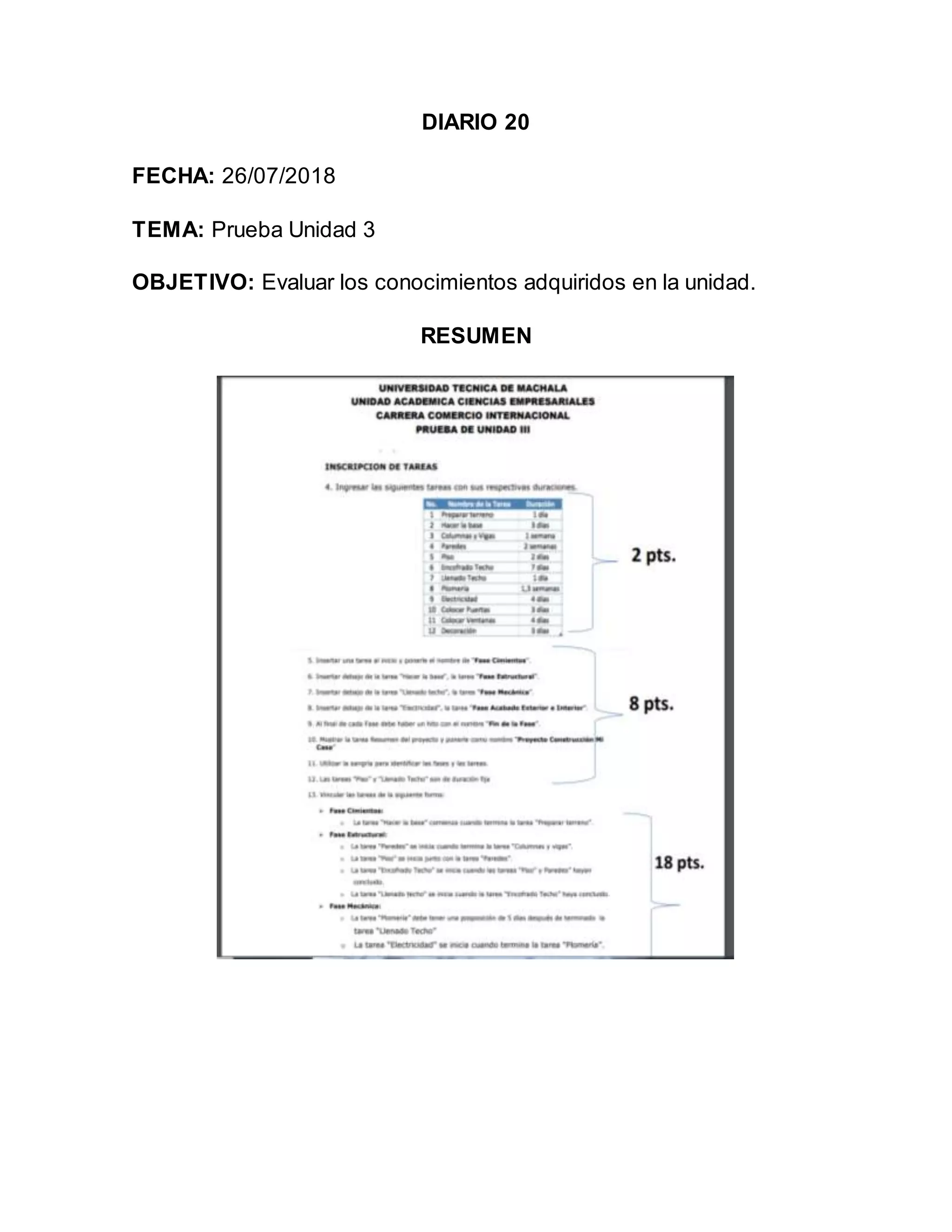 DIARIO 20
FECHA: 26/07/2018
TEMA: Prueba Unidad 3
OBJETIVO: Evaluar los conocimientos adquiridos en la unidad.
RESUMEN
 