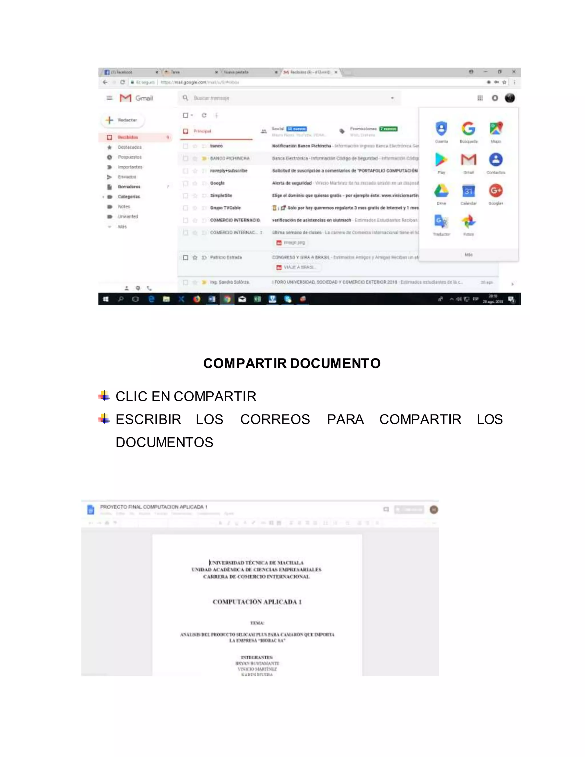 COMPARTIR DOCUMENTO
CLIC EN COMPARTIR
ESCRIBIR LOS CORREOS PARA COMPARTIR LOS
DOCUMENTOS
 
