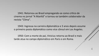 1941: Retornou ao Brasil empregando-se como crítico de 
cinema no jornal “A Manhã” e tornou-se também colaborador da 
revista “Clima”. 
1943: Ingressa na carreira diplomática e 3 anos depois assume 
o primeiro posto diplomático como vice cônsul em Los Angeles. 
1950: Com a morte do pai, Vinicius retorna ao Brasil e mais 
tarde atua no campo diplomático em Paris e em Roma. 
4 
 