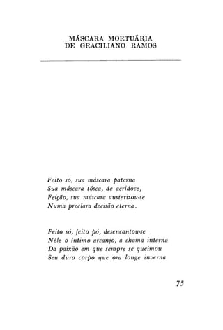 MÁSCARA MORTUÂRIA
DE GRACILIANO RAMOS

Feito só, sua máscara paterna
Sua máscara tosca, de acridoce,
Feição, sua máscara austerizou-se
Numa preclara decisão eterna.

Feito só, feito pó, desencantou-se
Nele o íntimo arcanjo, a chama interna
Da paixão em que sempre se queimou
Seu duro corpo que ora longe inverna.

75

 