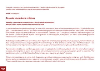 Chanucá - comemora-se o fim do domínio assírio e a restauração do tempo de Jerusalém.
     Simchat Torá - celebra a entrega dos Dez Mandamentos a Moisés.

     Fonte: Sua Pesquisa

     Casos de intolerância religiosa
     PARAÍBA - Líder judeu acusa Consciência Cristã de intolerância religiosa
     Phelipe Caldas - Jornal Paraíba1 23 de fevereiro de 2009

     O presidente da Associação Judaica Amigos do Torá, David Menezes, fez duras acusações nesta segunda-feira (23) à Visão Nacional
     para a Consciência Cristã (Vinacc), que estaria incentivando grupos anti-semitas a disseminarem seus ódios contra associações e
     comunidades religiosas que não pertençam ao protestantismo. Ele destaca que a Consciência Cristã é uma entidade evangélica que
     em eventos e campanhas fazem diversas críticas gratuitas às outras religiões, numa prática que estaria promovendo grupos de
     intolerância em Campina Grande.

     As declarações de David Menezes foram feitas um dia depois dele ser ameaçado e agredido por um grupo punk, no momento em que
     fazia uma palestra dentro da programação do 3º Encontro Amigos da Torá. O tema da palestra era o “Conflito em Gaza” e ele
     começava a apresentar algumas fotos que denunciariam grupos terroristas existentes na região quando o protesto começou.

     Aproximadamente 10 jovens usando roupas pretas e com cortes de cabelo no estilo punk, estando entre eles uma mulher, invadiram
     o espaço, soltaram gritos de guerra com conteúdo anti-semita, deram murros nas mesas e ameaçaram agredir os presentes. "Fui
     agredido com palavras e só não fui agredido fisicamente porque a segurança agiu rápido", destacou.

     Mas um outro participante do evento ainda chegou a ser agredido, antes dos seguranças expulsarem o grupo punk. David Menezes
     prestou queixa contra eles e reforçou a segurança no evento, que até amanhã à noite contará com a presença de policiais militares.
     “Era um grupo de jovens sem causa, que inspiravam muito ódio contra todos”, descreveu.



92
 
