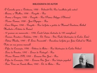 BIBLIOGRAFIA DO AUTOR

-O  Caminho para a Distância, 1933 – Schmidt Ed, Rio (recolhida pelo autor)
- Ariana, a Mulher, 1936 – Pongetti – Rio
- Forma e Exegese, 1935 – Pongetti – Rio (Prêmio Felippe d’Oliveira)
- Novos Poemas, 1938 – José Olympio – Rio
- Cinco Elegias, 1943 – Pongetti – Rio (ed.feita a pedido de Manuel Bandeira, Aníbal
Machado e Octávio de Farias)
- 10 poemas em manuscrito – 1945, Condé (edição ilustrada de 150 exemplares)
- Poemas, Sonetos e Baladas, 1946 – Ed. Gávea – São Paulo (ilustrações de Carlos Leão)
- Pátria Minha, 1949 – O Livro Inconsútil – Barcelona (ed.feita por João Cabral de Melo
Neto em sua prensa manual)
- Orfeu da Conceição, 1956 – Editora do Autor – Rio (ilustrações de Carlos Scliar)
- Livro de Sonetos, 1957 – Livros de Portugal – Rio
- Novos Poemas (II), 1959 – Livraria São José – Rio.
- Orfeu da Conceição, 1960 – Livraria São José – Rio (edição popular)
- Para Viver um Grande Amor, 1962 – Ed. do Autor – Rio
 