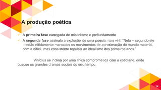 A produção poética
 A primeira fase carregada de misticismo e profundamente
 A segunda fase assinala a explosão de uma poesia mais viril. “Nela – segundo ele
– estão nitidamente marcados os movimentos de aproximação do mundo material,
com a difícil, mas consistente repulsa ao idealismo dos primeiros anos.”
Vinícius se inclina por uma lírica comprometida com o cotidiano, onde
buscou os grandes dramas sociais do seu tempo.
14
 