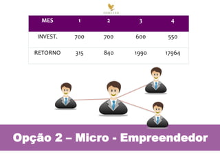 Opção 2 – Micro - Empreendedor
Empreendedor Micro-Empreendedor
Credenciado
MES 1 2 3 4
INVEST. 700 700 600 550
RETORNO 315 840 1990 17964
 