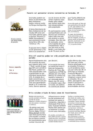 Página 2



                             Passeio vai apresentar árvores centenárias em Sorocaba, SP


                               Inscrições podem ser             cas de árvores de dife-        que "Carlos Alberto de
                               feitas na Secretaria de          rentes espécies espa-          Souza", no Campolim.
                               Meio Ambiente.                   lhadas pela cidade,
                               Saída e retorno serão            que muitas vezes pas-          A inscrição pode ser feita até
                               no Parque da Biquinha.           sam despercebidas              esta quinta-feira (29), das 8h
                                                                pela população.                às 17h, pelo telefone 3219-
                                                                                               2280 ou diretamente na
                               A Sema (Secretaria do
                                                                                               Sema, na rua Campos Salles,
                               Meio Ambiente) de So-            Os participantes serão         850, em Pinheiros.
                               rocaba (SP) está com             acompanhados por um
                               inscrições abertas para          técnico que orientará          As vagas são limitadas e
                                                                                               serão preenchidas por or-
                               o passeio "Árvores Ci-           sobre cada uma das
                                                                                               dem de chegada. A saída e o
       Árvores centená-        dadãs Sorocabanas",              oito árvores a serem
                                                                                               retorno serão no Parque da
       rias serão atração      que acontecerá nesta             visitadas. Elas têm ida-       Biquinha, localizado na ave-
       do passeio.             sexta-feira (30), das            de avançada, como              nida Com. Pereira Inácio,
                               13h30 às 17h.                    uma Copaíba de apro-           112, no Jardim Emília.
                                                                ximadamente 180 a-
                               O passeio tem o objeti-          nos que está na Vila
                               vo de apresentar a his-          Barão, e um Cedro Ro-
                               tória e as característi-         sa de 79 anos no Par-


                               Oito mil usuários podem ter sido prejudicados com os trens
                               parados
                               Aproximadamente oito             por desistir.                  tação elétrica dos trens
                               mil usuários do trens                                           fez com que a linha
                               que seguem pela Linha            A circulação de trens          ficasse paralisada entre
                               -7 Rubi, saindo de Jun-          no trecho da Linha 7-          as estações Pirituba e
    Nosso empenho
                               diaí (SP) com sentido à          Rubi da Companhia              Luz.O problema come-
    faz a                      São Paulo, podem ter             Paulista de Trens Me-          çou por volta das 8h. A
                               sido prejudicados com            tropolitanos (CPTM) foi        linha liga as estações
    diferença.                 a paralisação na ma-             afetada por uma falha          Francisco Morato e
                               nhã desta quinta-feira           elétrica no começo da          Luz. Com a falha, trens
                               (29). A estação da ci-           manhã e começou a              chegaram a parar entre
                               dade concentrava um              ser retomada pouco             as estações. De um
                               grande número de pes-            depois das 9h, entre           deles, passageiros des-
                               soas que aguardavam              as estações Lapa e Bar-        ceram e passaram a
                               desde a 7h a volta dos           ra Funda. Um defeito           andar nos trilhos nas
                               trens. Outros optaram            no sistema de alimen-          proximidades da Esta-



                               Brics estudam criação de banco comum de investimentos

                               Medida está prevista em          infraestrutura e proje-        facilitar o reconhecimento
                               acordo assinado no final da      tos de economia sus-           dos títulos de crédito, com
                               reunião do grupo.                                               vistas a reduzir o custo das
                                                                tentável em países e-
                               Objetivo é custear infraestru-                                  transações.”Somos grandes
                                                                mergentes, segundo a
                               tura dos países e incentivar                                    economias e temos que de-
                               o comércio.
                                                                declaração final da cú-        fender a complementaridade
                                                                pula. O grupo também           entre nossos países e elimi-
                                Os países que com-              fechou dois pactos pa-         nar barreiras", afirmou o
Chefes de Estado dos           põem o Brics (Brasil,            ra fomentar o comér-           anfitrião da cúpula e primei-
cinco países do Brics reu-     Rússia, Índia, China e           cio em seus mercados.          ro-ministro da Índia, Manmo-
nidos em Nova Déli, na         África do Sul) acorda-                                          han Singh, pouco antes da
Índia .                                                                                        assinatura dos acor-
                               ram nesta quinta-feira           Os acordos, assinados em
                               (29) estudar a criação           Nova Délhi durante a quarta    dos.Ordenamos a nossos
                                                                                               ministros da Economia que
                               de um banco comum                cúpula dos Brics, permitirão
                                                                alcançar pactos econômicos     examinem a possibilidade e
                               de investimentos para
                                                                usando moedas locais e         a viabilidade dessa iniciativa,
                               custear recursos de
 