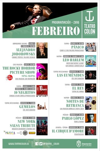 FEBREIRO
PROGRAMACIÓN-2016
MÚSICA- XOVES18.21:00H
NEW YORK
SALSA TRIBUTE
ORQUESTASONORIDAD&MAMBOSINS
CICLO
PATROCINADO
POR...