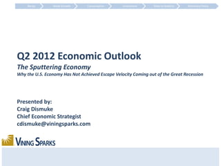 Recap       Weak Growth     Consumption      Investment    Risks to Stability   Monetary Policy




Q2 2012 Economic Outlook
The Sputtering Economy
Why the U.S. Economy Has Not Achieved Escape Velocity Coming out of the Great Recession




Presented by:
Craig Dismuke
Chief Economic Strategist
cdismuke@viningsparks.com
 