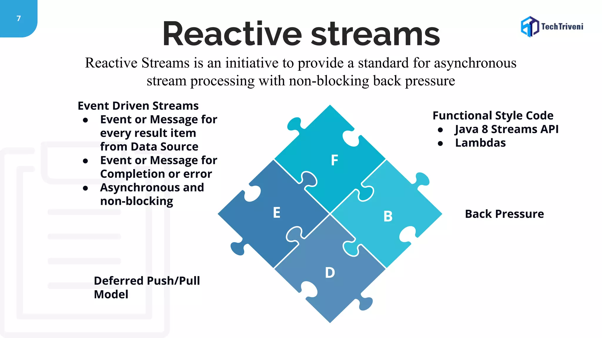 7 Reactive streams Reactive Streams is an initiative to provide a standard for asynchronous stream processing with non-blocking back pressure Functional Style Code ● Java 8 Streams API ● Lambdas Event Driven Streams ● Event or Message for every result item from Data Source ● Event or Message for Completion or error ● Asynchronous and non-blocking Deferred Push/Pull Model Back Pressure F BE D 