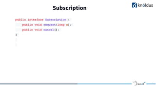 Subscription
public interface Subscription {
public void request(long n);
public void cancel();
}
 