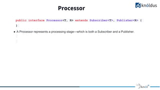 Processor
public interface Processor<T, R> extends Subscriber<T>, Publisher<R> {
}
● A Processor represents a processing stage—which is both a Subscriber and a Publisher.
 